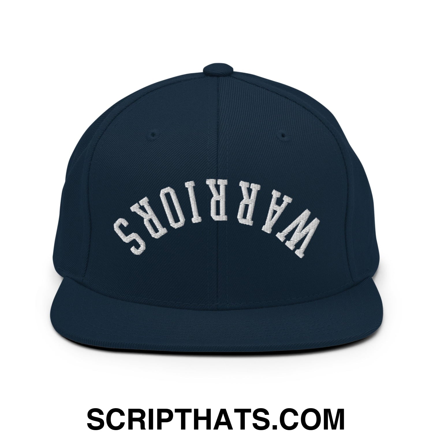 Navy blue snapback hat with white arched warriors embroidery and flat bill brim, embroidered upside down design