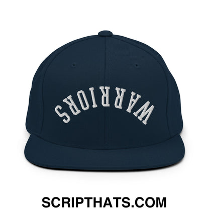 Navy blue snapback hat with white arched warriors embroidery and flat bill brim, embroidered upside down design