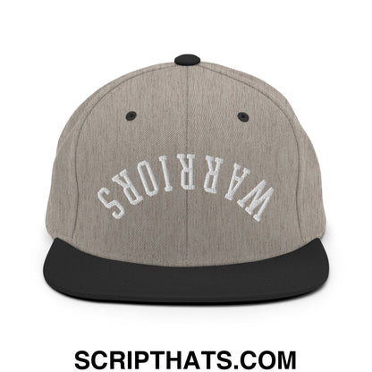 Gray and black snapback cap with warriors embroidered in white arched lettering and flat bill brim