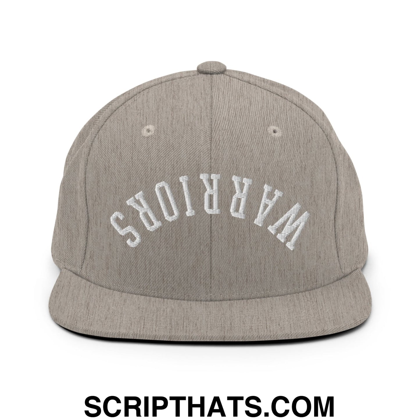 Gray heather snapback cap with white embroidered warriors arch design and flat bill brim for casual wear