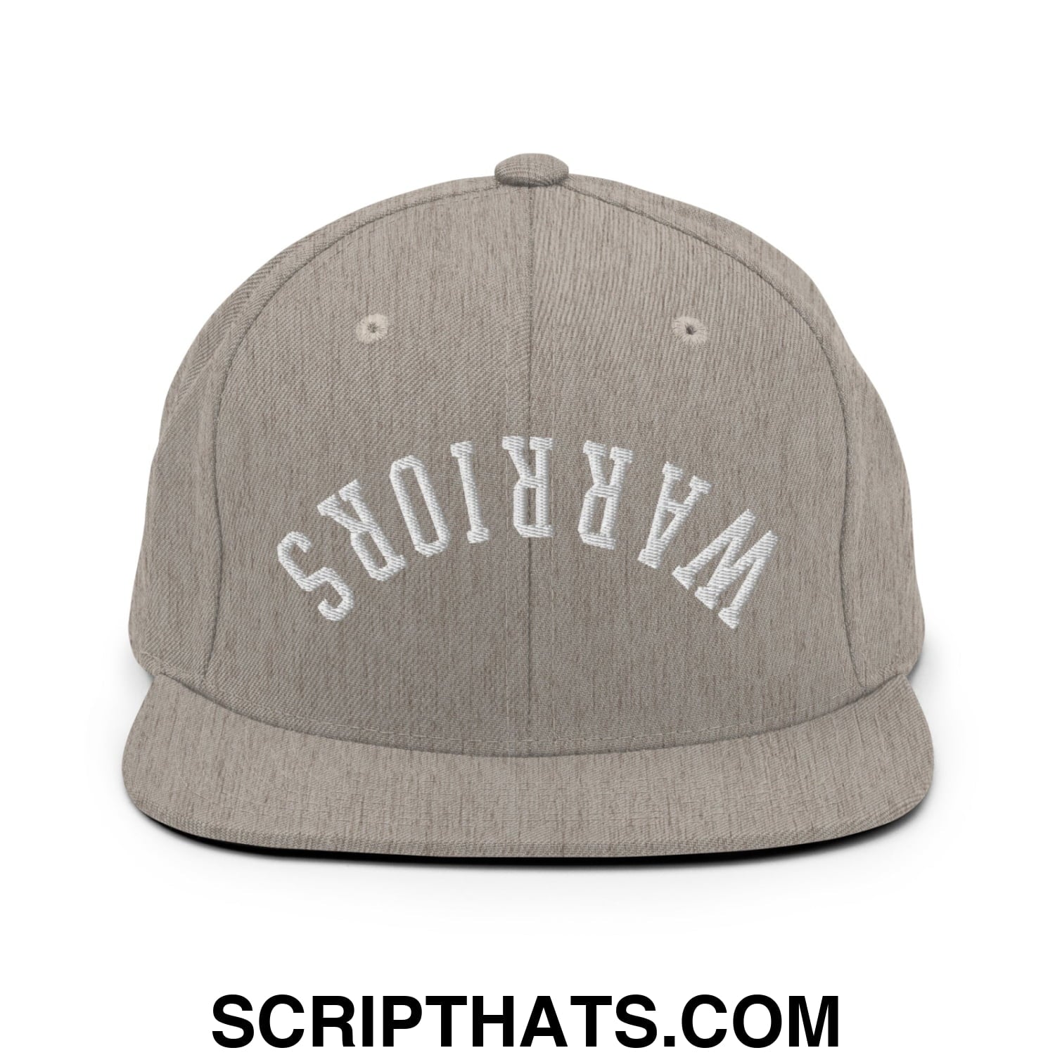 Gray heather snapback cap with white embroidered warriors arch design and flat bill brim for casual wear