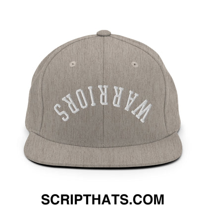 Gray heather snapback cap with white embroidered warriors arch design and flat bill brim for casual wear