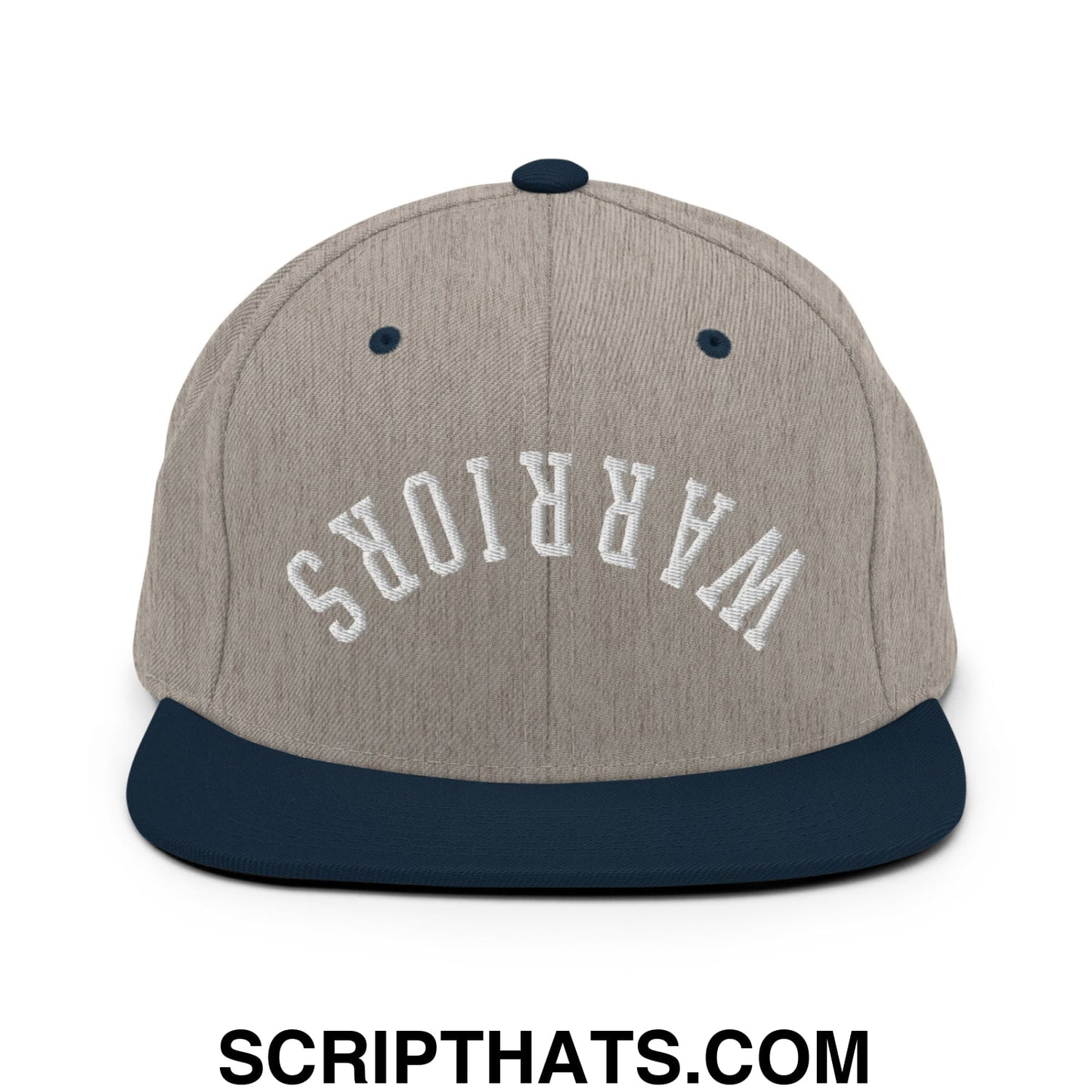 Gray and navy blue snapback hat with warriors embroidered in white arched lettering on a flat bill brim