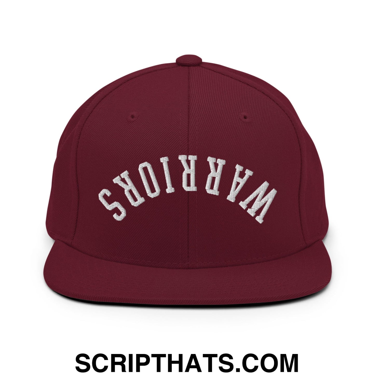 Maroon snapback hat with white embroidered warriors lettering and flat bill brim perfect for casual wear
