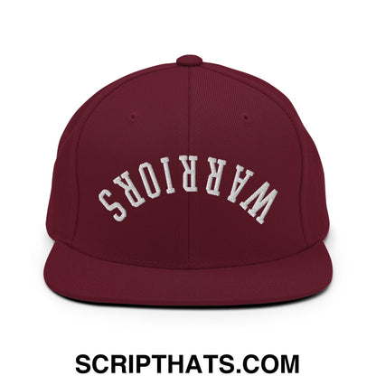 Maroon snapback hat with white embroidered warriors lettering and flat bill brim perfect for casual wear