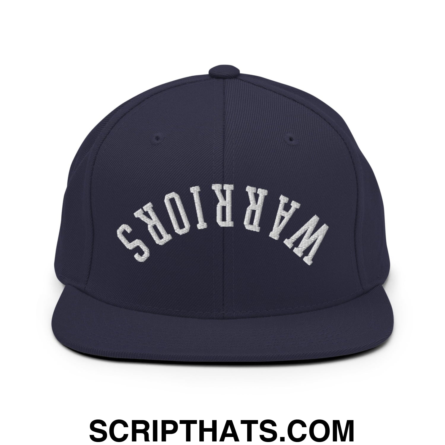 Navy blue snapback cap with white arched warriors embroidery and flat bill brim for casual wear