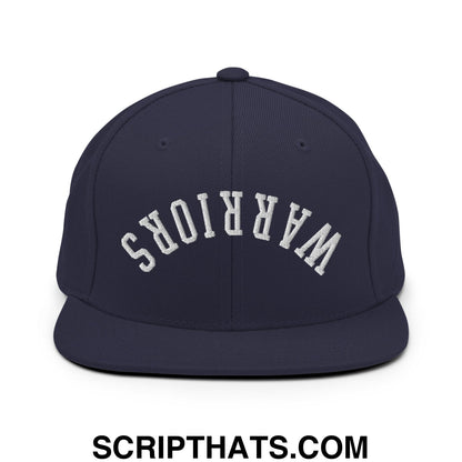 Navy blue snapback cap with white arched warriors embroidery and flat bill brim for casual wear