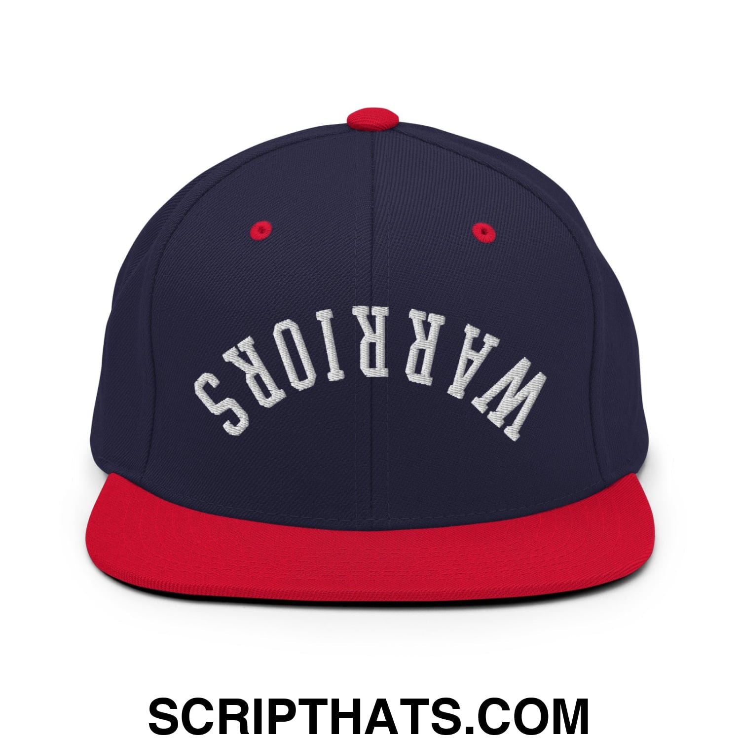 Navy blue and red snapback hat with white embroidered warriors lettering and a flat bill brim design