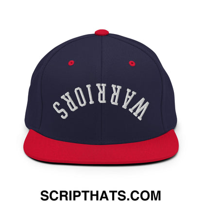 Navy blue and red snapback hat with white embroidered warriors lettering and a flat bill brim design