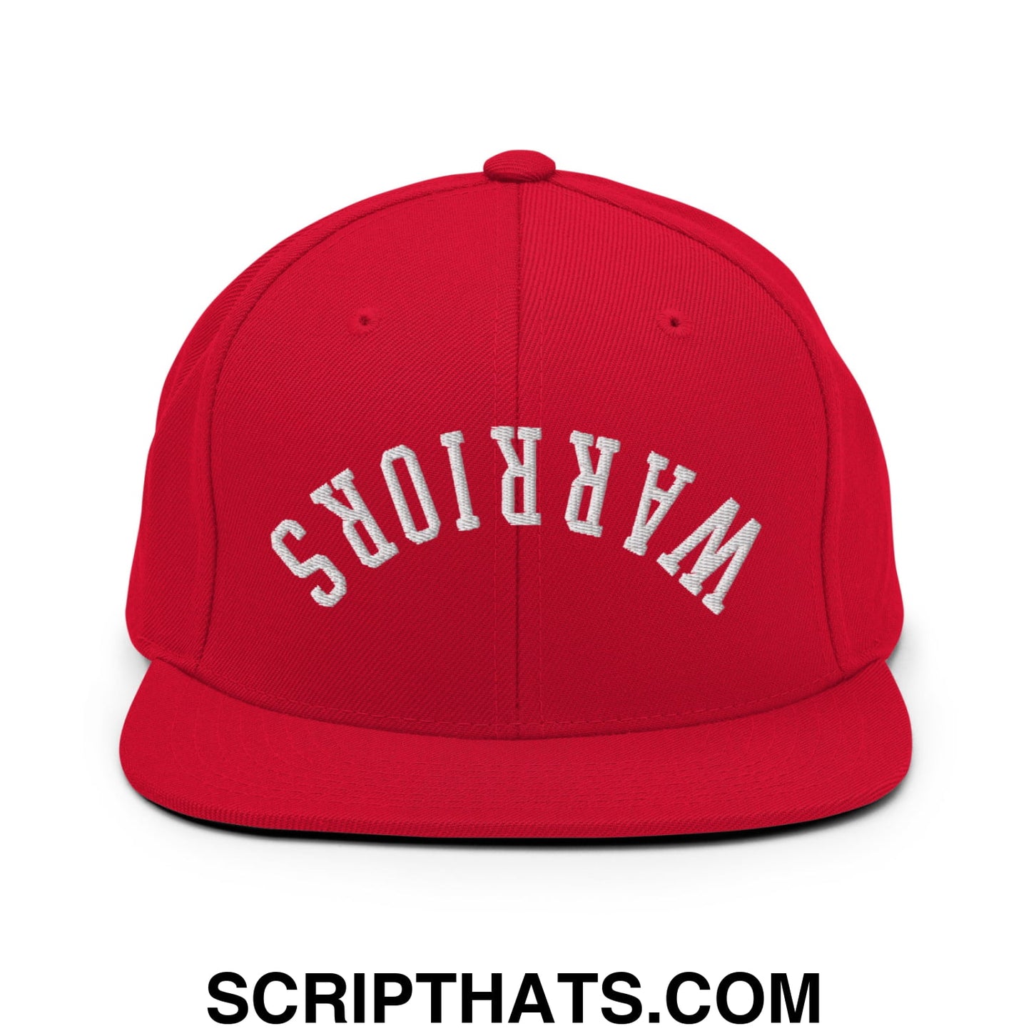Red snapback cap with white embroidered warriors lettering and a flat bill brim for casual wear
