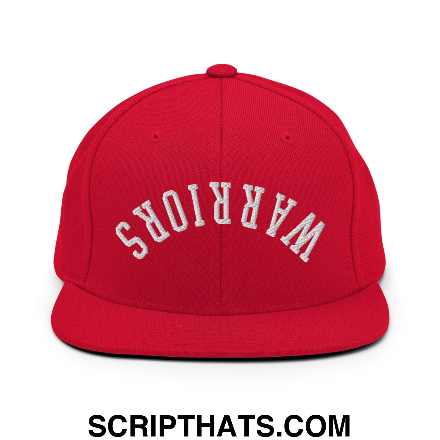 Red snapback cap with white embroidered warriors lettering and a flat bill brim for casual wear