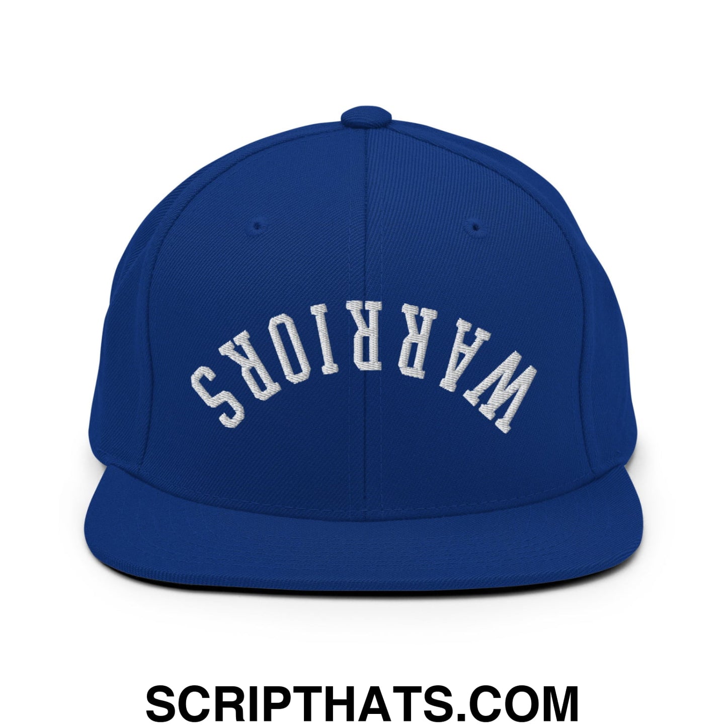 Royal blue snapback hat with white embroidered warriors lettering and a flat bill brim for casual wear