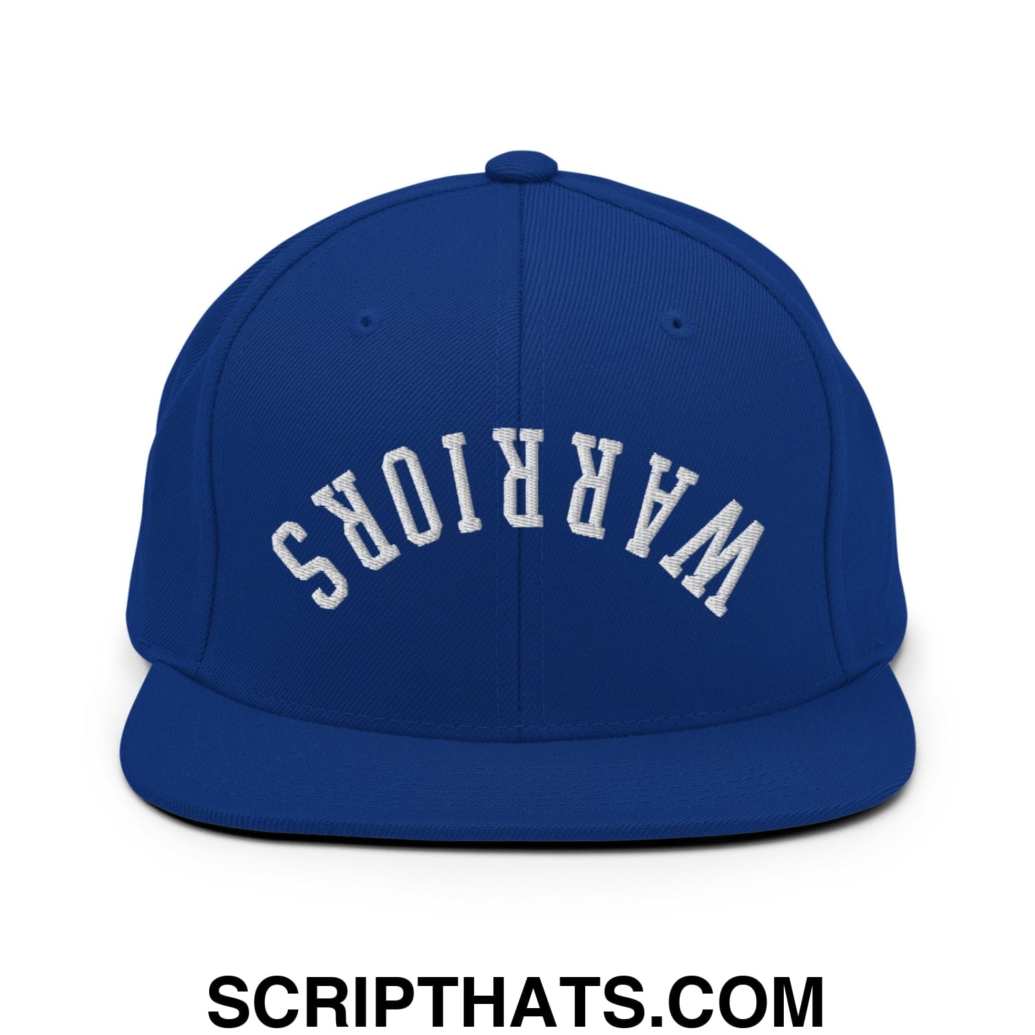 Royal blue snapback hat with white embroidered warriors lettering and a flat bill brim for casual wear