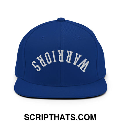 Royal blue snapback hat with white embroidered warriors lettering and a flat bill brim for casual wear