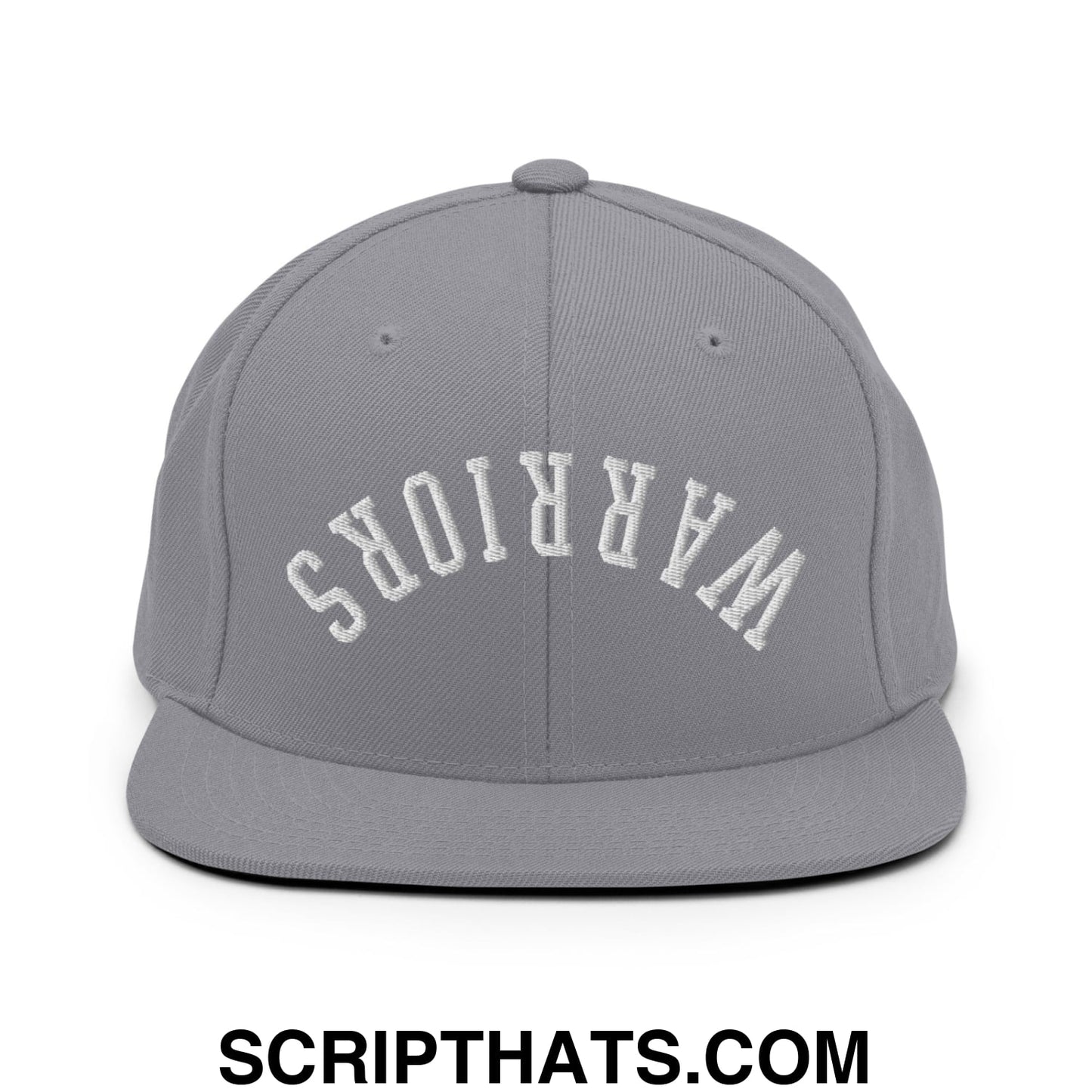 Gray snapback hat with white embroidered warriors lettering and a flat bill brim in an upside down design