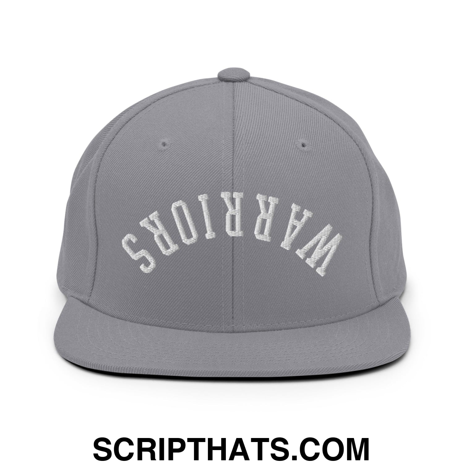 Gray snapback hat with white embroidered warriors lettering and a flat bill brim in an upside down design