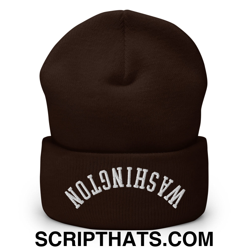 Upside Down Washington Embroidered Cuffed Knit Beanie Brown