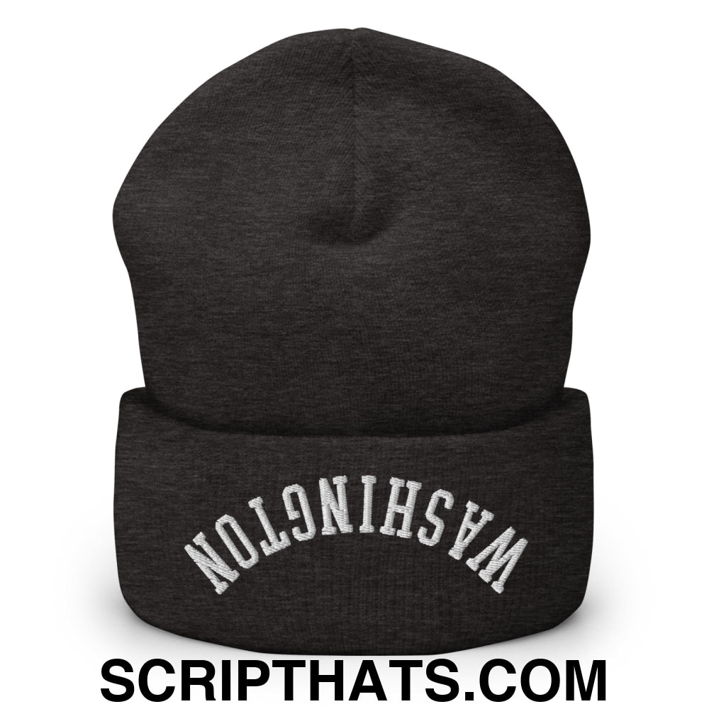 Upside Down Washington Embroidered Cuffed Knit Beanie Dark Grey