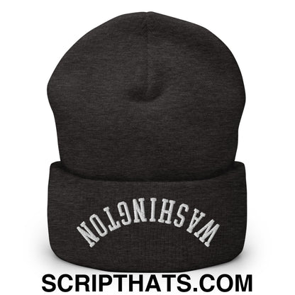 Upside Down Washington Embroidered Cuffed Knit Beanie Dark Grey