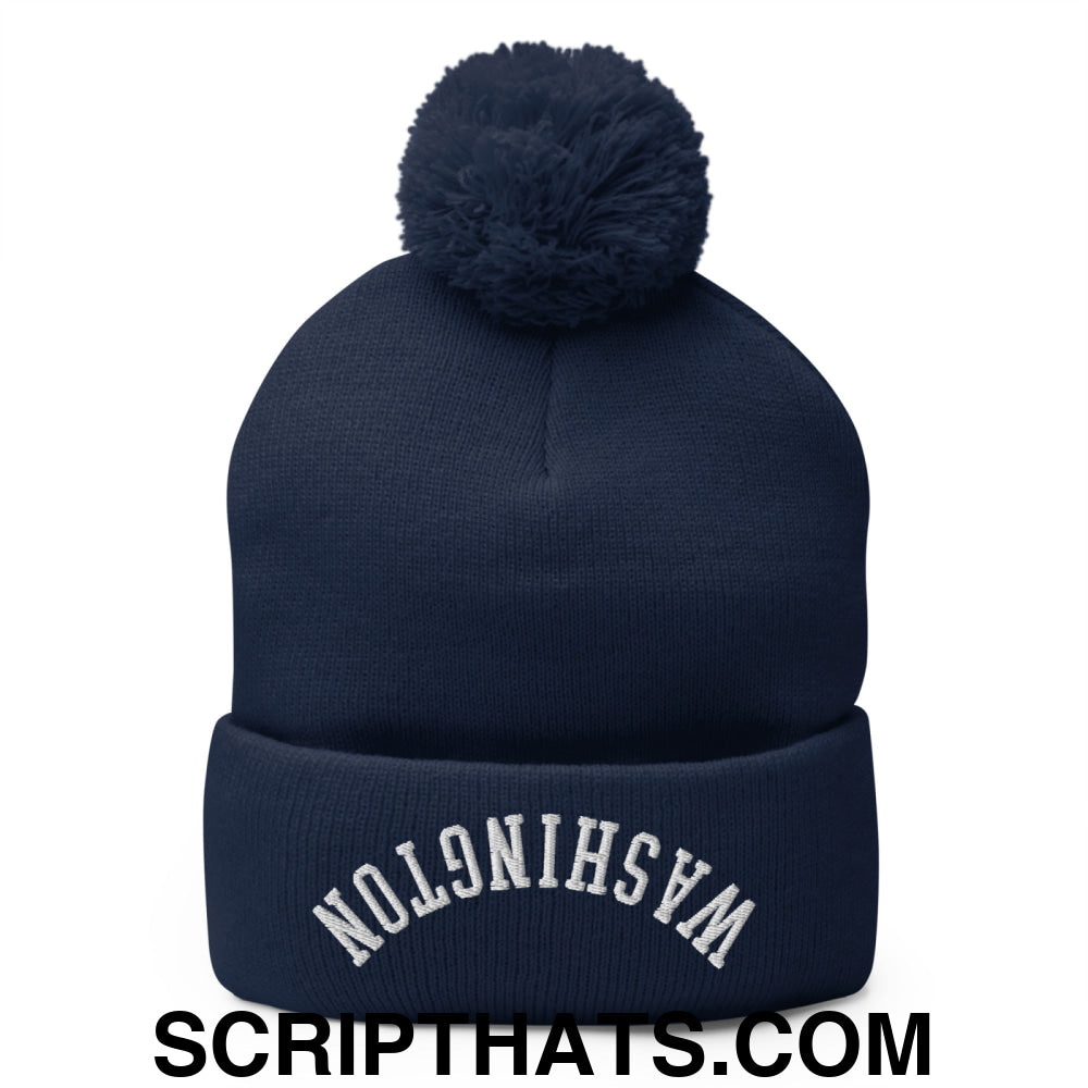 Upside Down Washington Embroidered Pom Pom Knit Beanie Navy