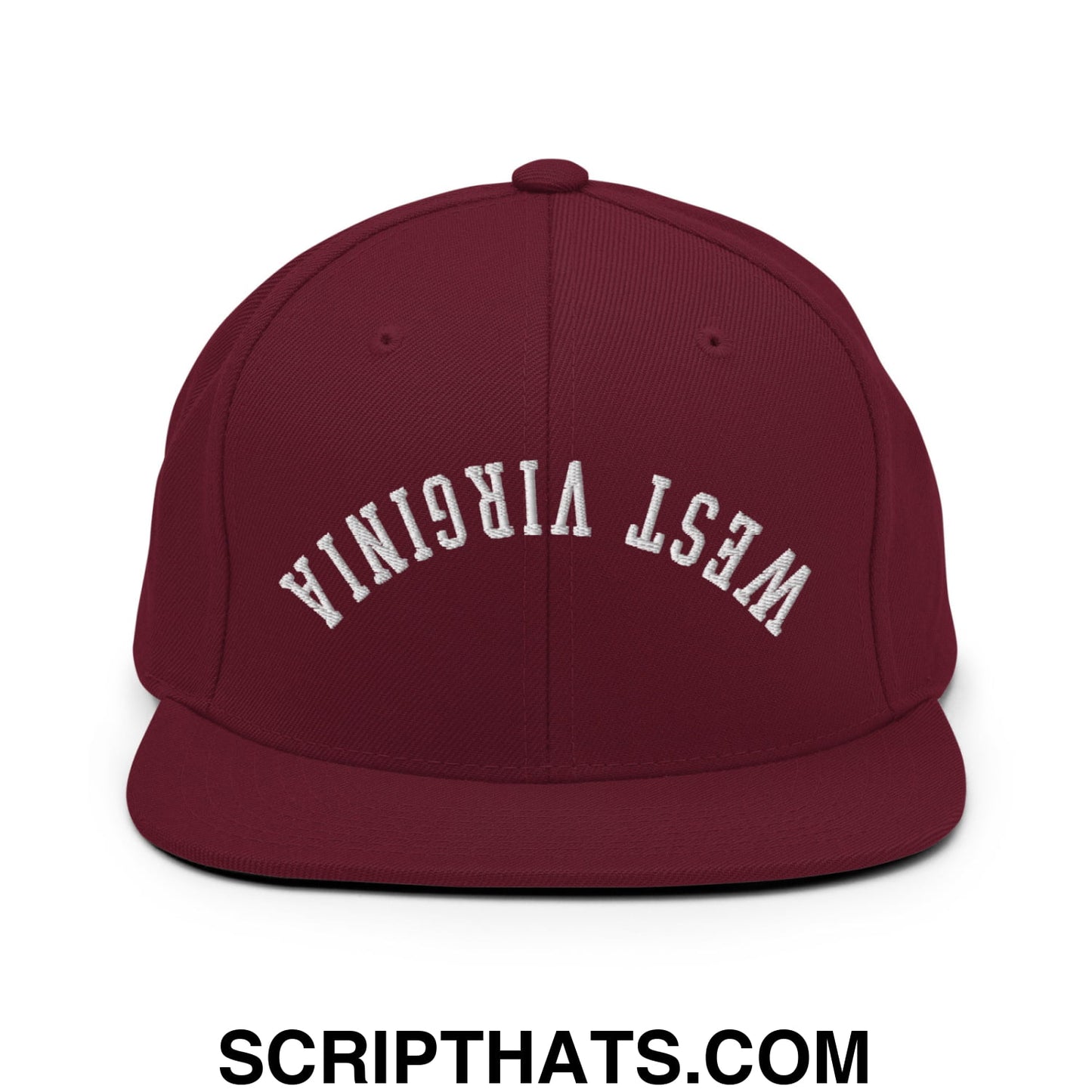 Upside Down West Virginia Embroidered Flat Bill Brim Snapback Hat Maroon