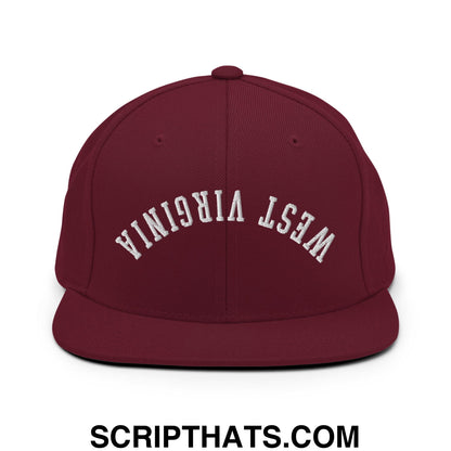 Upside Down West Virginia Embroidered Flat Bill Brim Snapback Hat Maroon