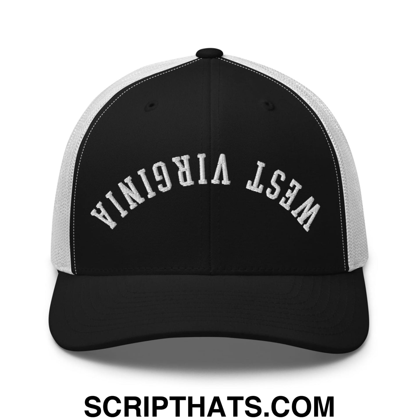 Upside Down West Virginia Embroidered Mesh Trucker Hat Black White