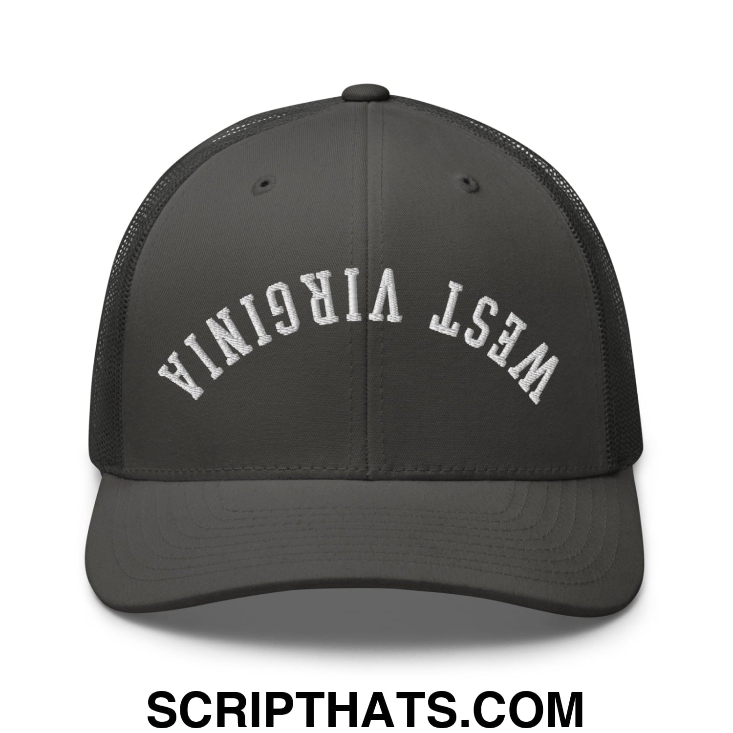 Upside Down West Virginia Embroidered Mesh Trucker Hat Charcoal