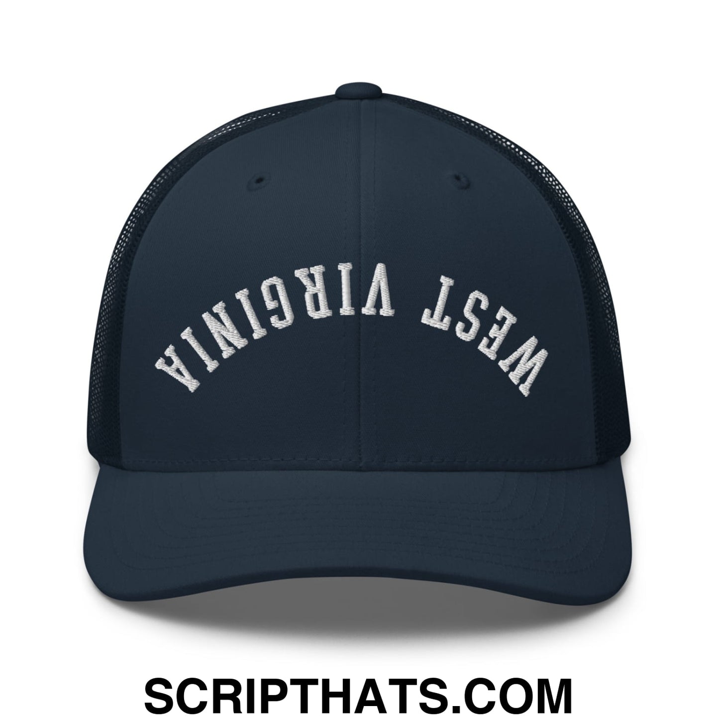 Upside Down West Virginia Embroidered Mesh Trucker Hat Navy