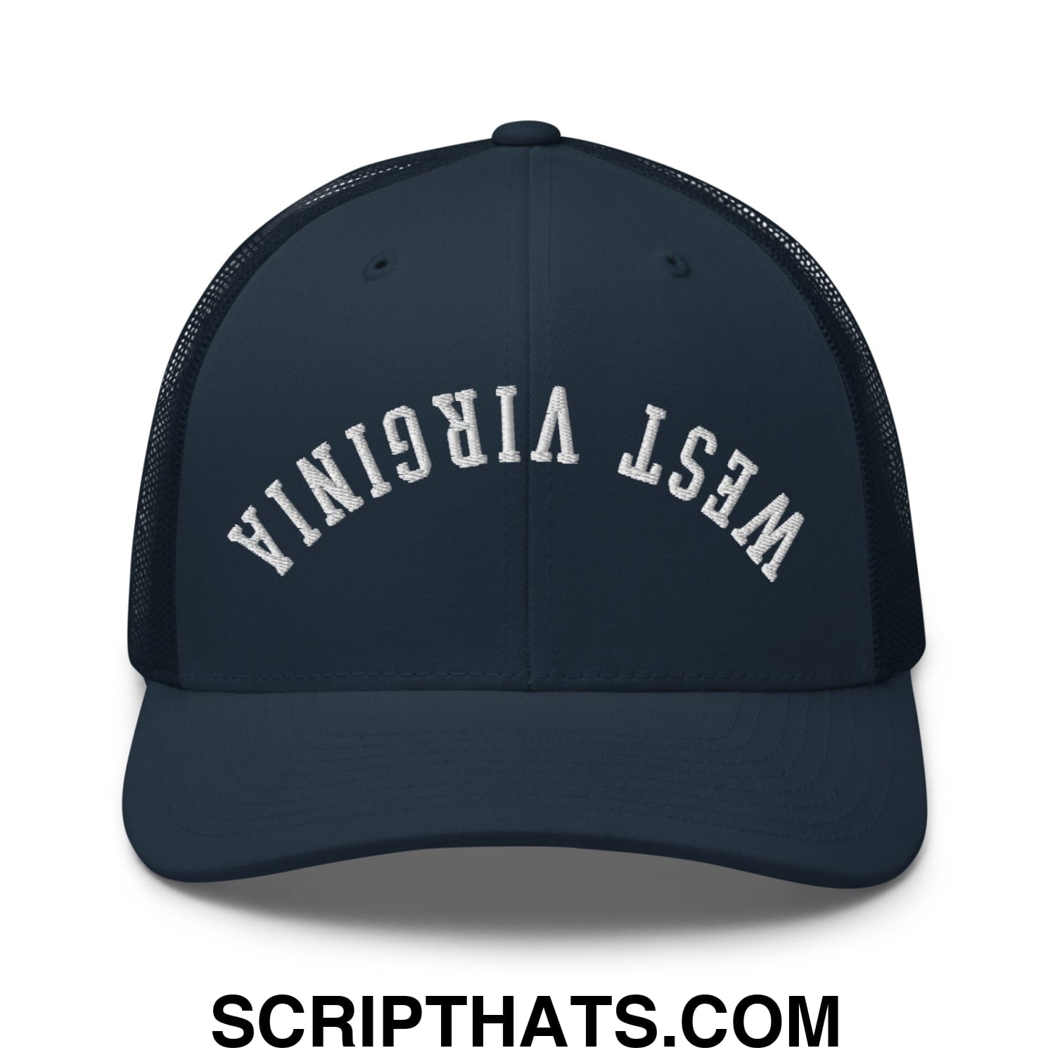 Upside Down West Virginia Embroidered Mesh Trucker Hat Navy