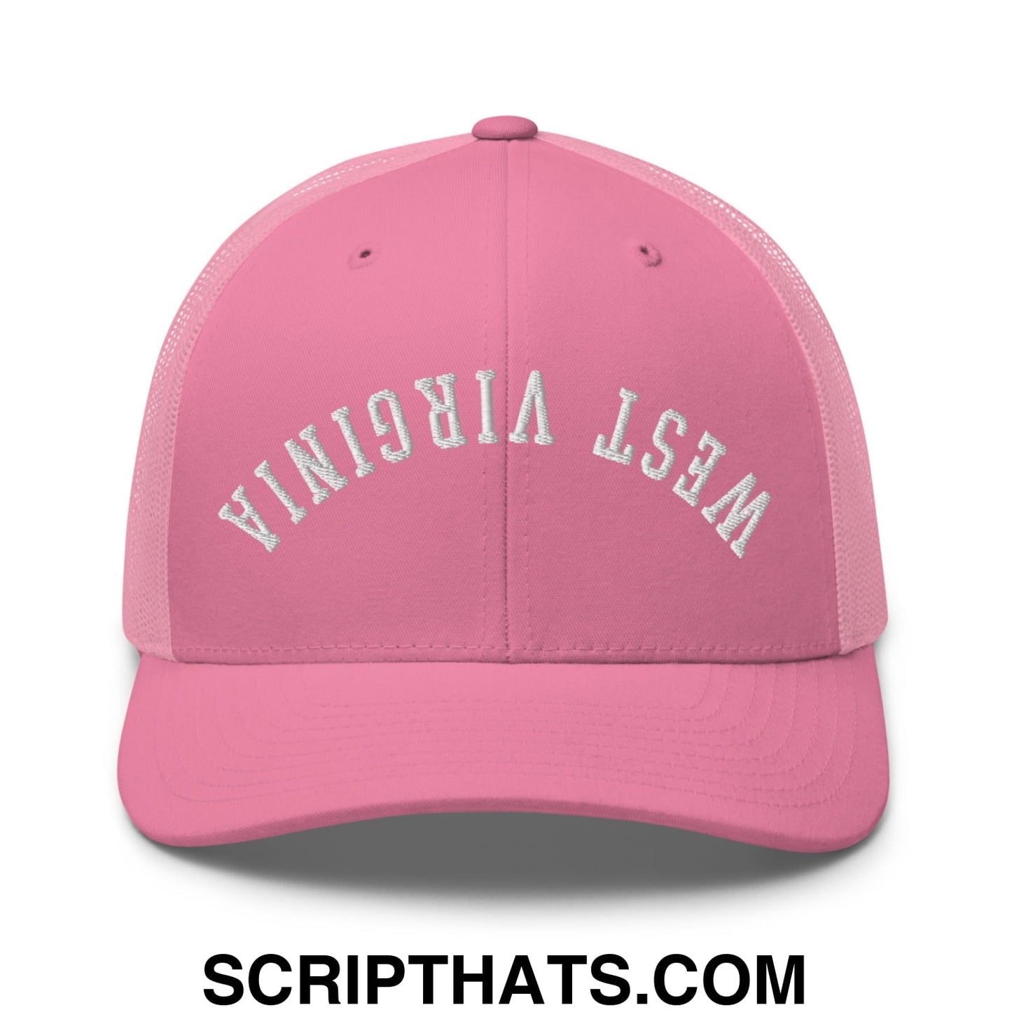 Upside Down West Virginia Embroidered Mesh Trucker Hat Pink