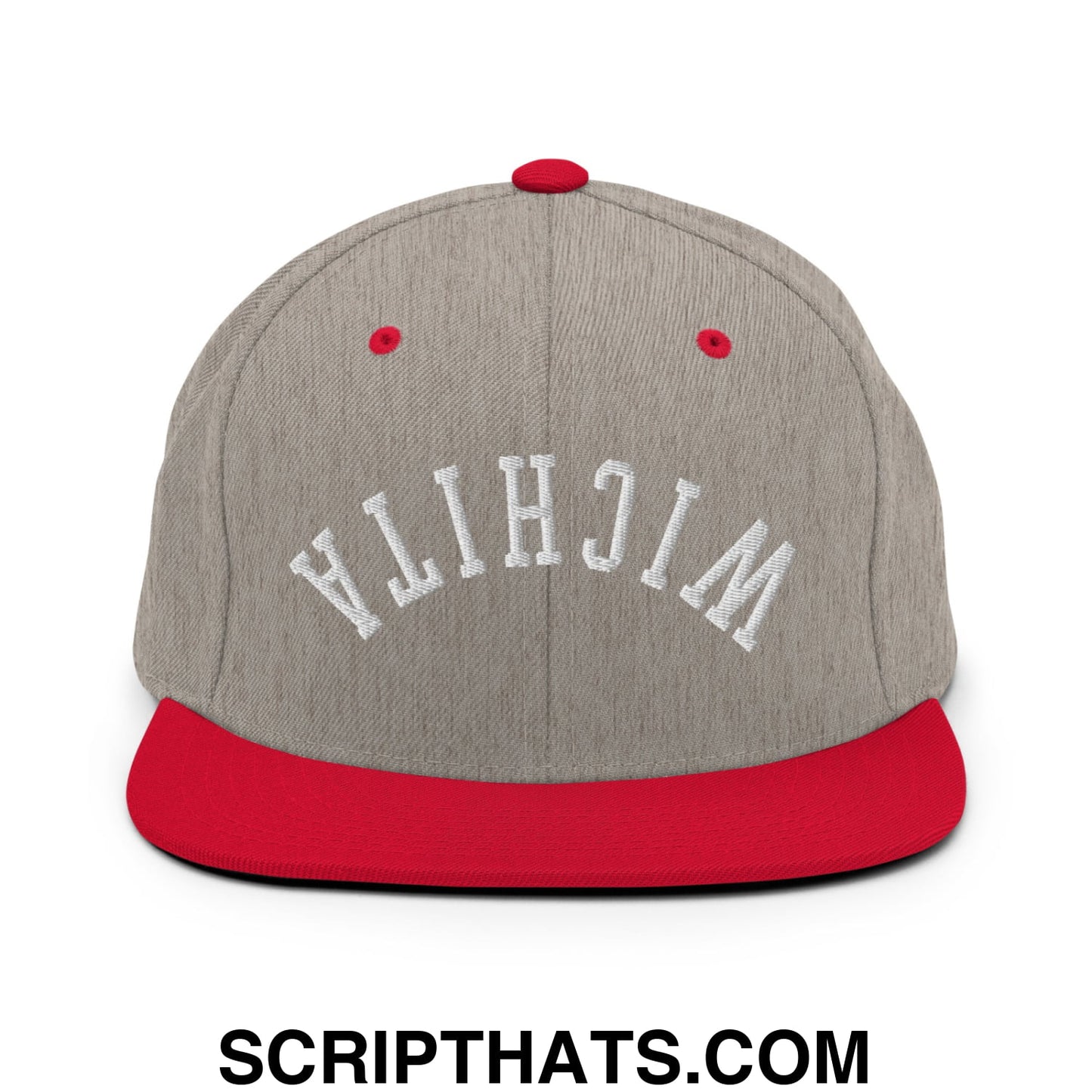 Upside Down Wichita Embroidered Flat Bill Brim Snapback Hat Heather Grey Red