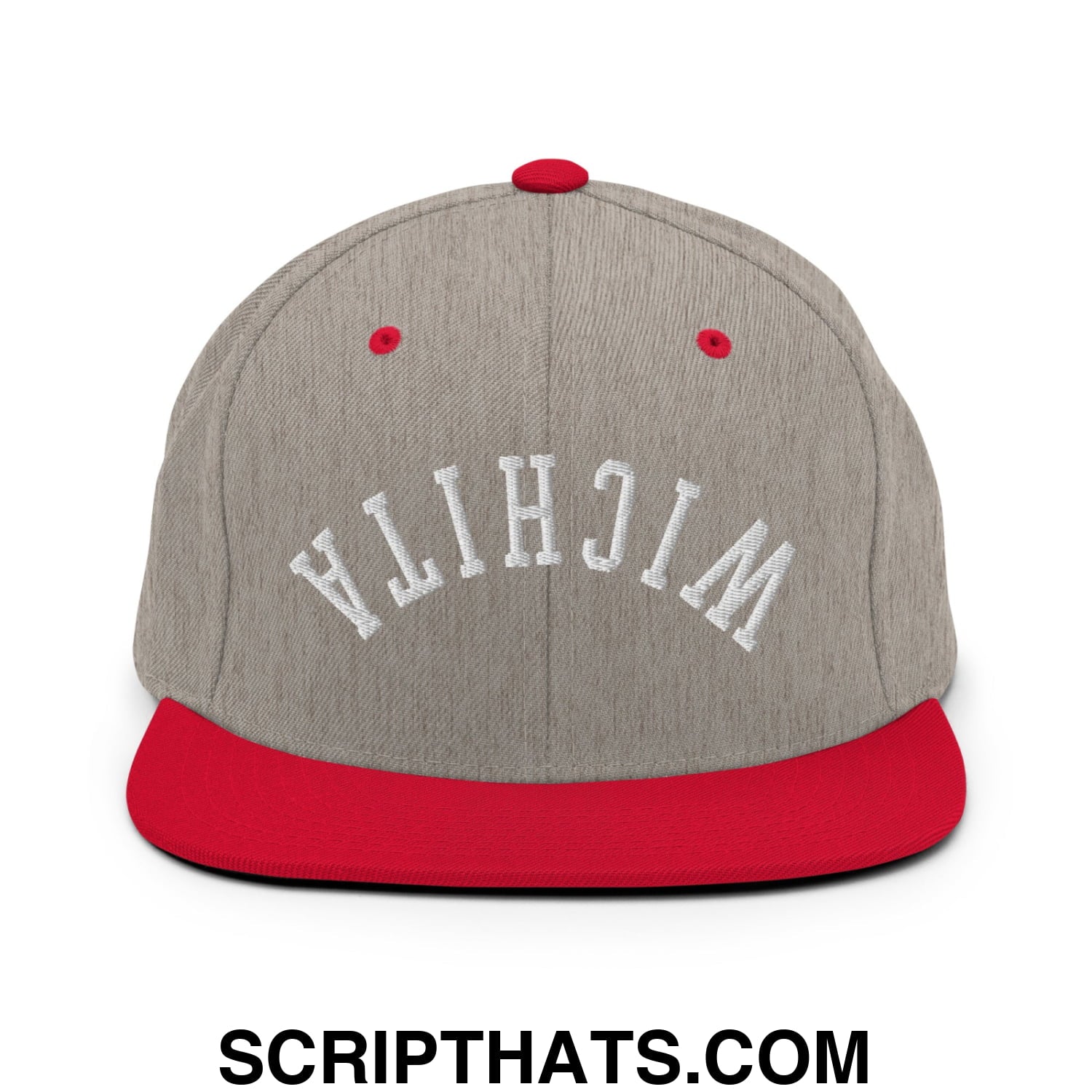 Upside Down Wichita Embroidered Flat Bill Brim Snapback Hat Heather Grey Red