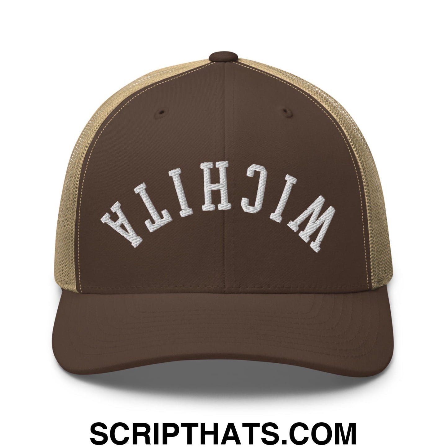 Upside Down Wichita Embroidered Mesh Trucker Hat Brown Khaki