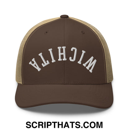 Upside Down Wichita Embroidered Mesh Trucker Hat Brown Khaki
