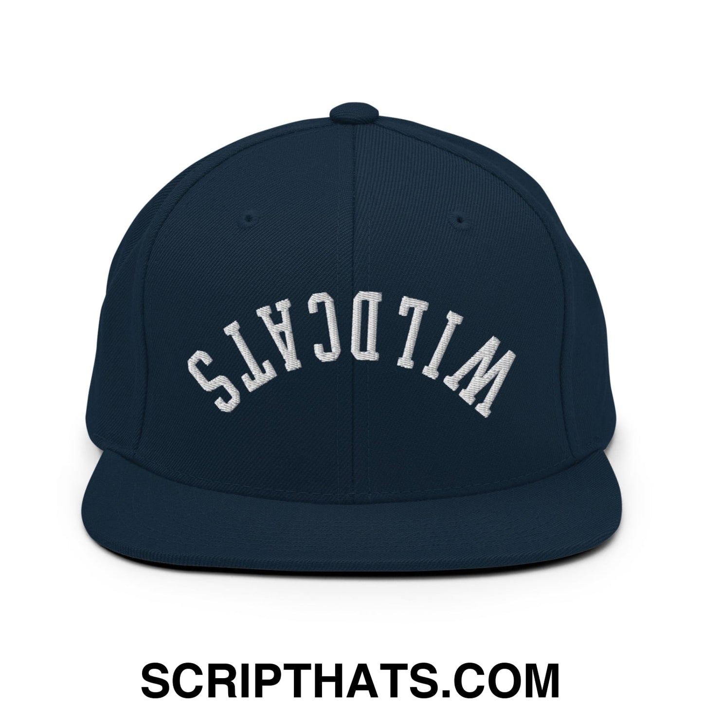 Navy blue snapback hat with white embroidered wildcats lettering in an arched design and flat bill brim