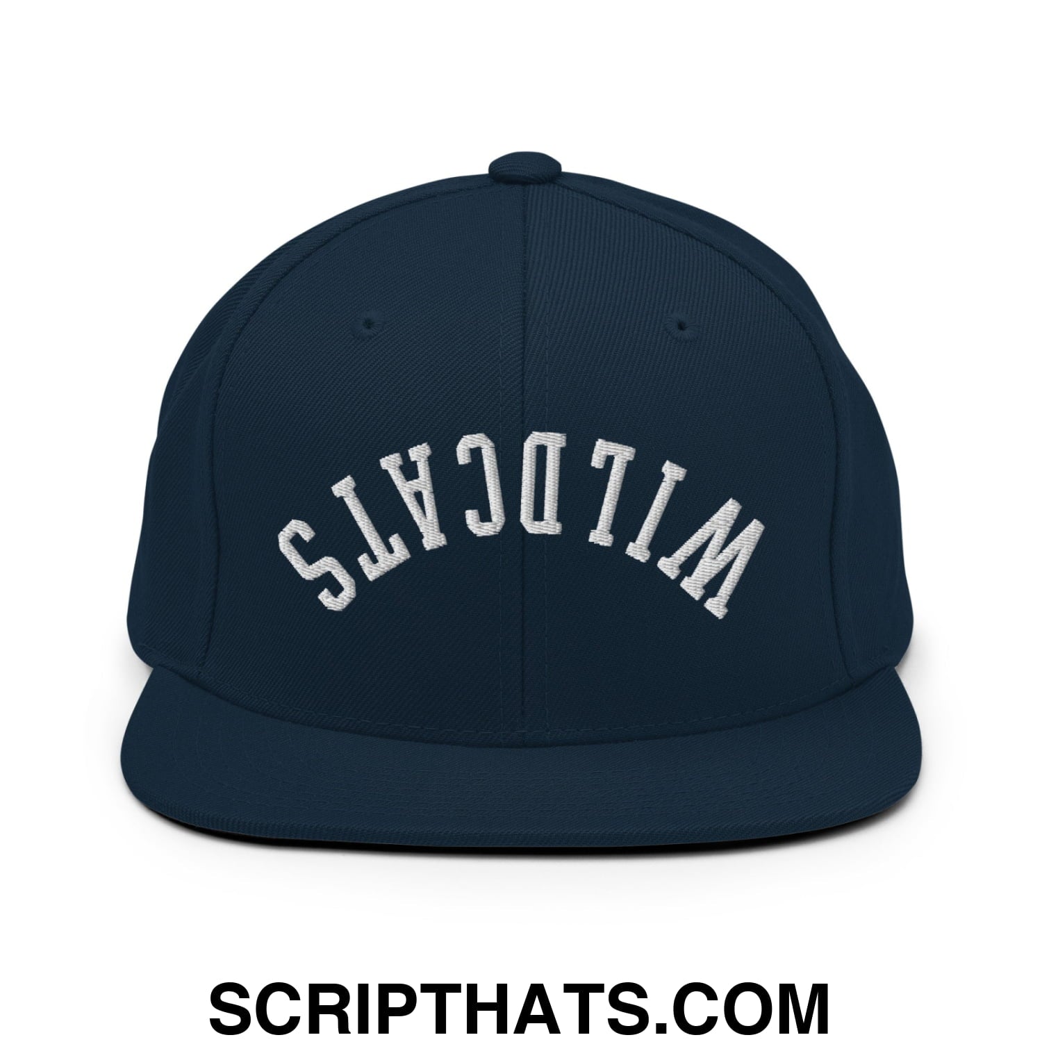 Navy blue snapback hat with white embroidered wildcats lettering in an arched design and flat bill brim