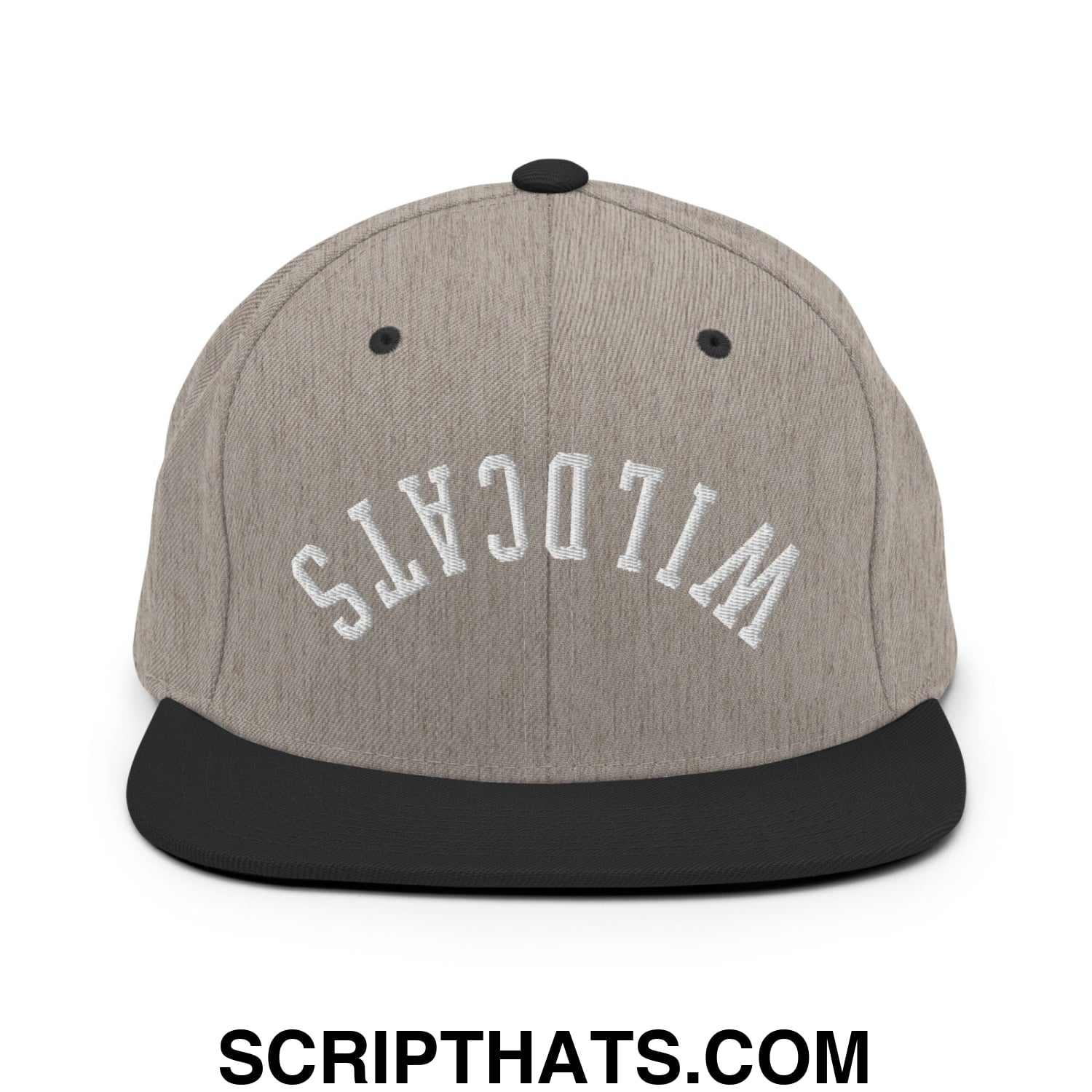 Gray and black snapback hat with wildcats embroidered in white arched lettering and flat bill brim