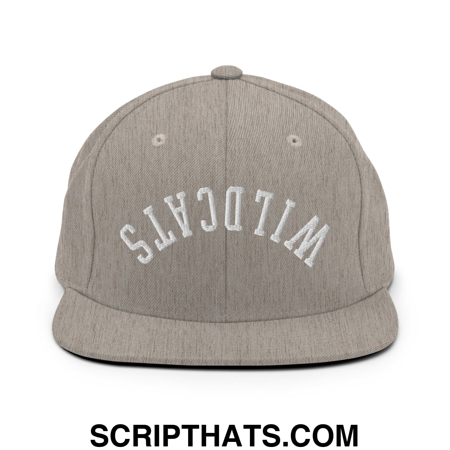 Gray heather snapback cap with white embroidered wildcats arch design and flat bill brim for casual wear