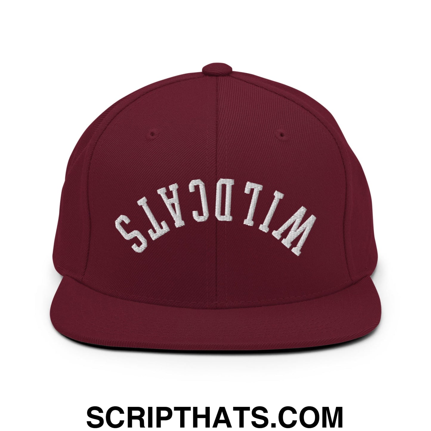 Maroon flat bill brim snapback hat with white embroidered wildcats lettering in an arched design