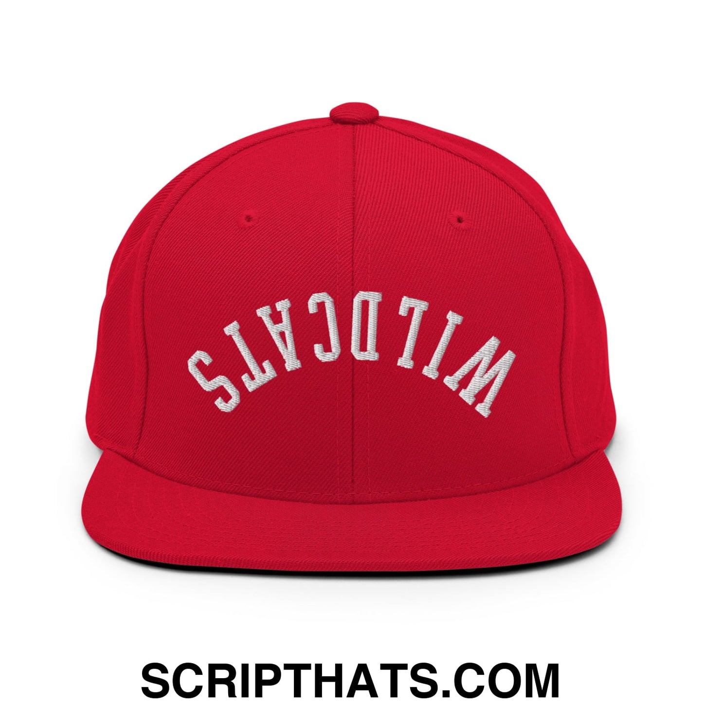 Red snapback hat with white embroidered wildcats lettering in an arched design and flat bill brim