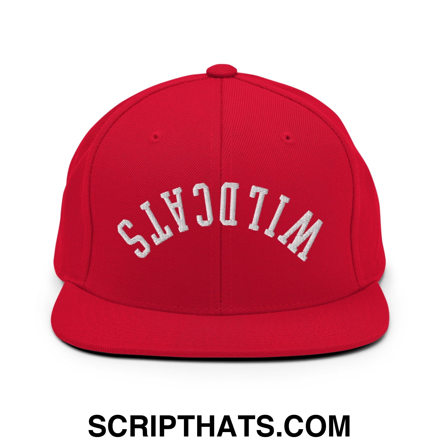 Red snapback hat with white embroidered wildcats lettering in an arched design and flat bill brim