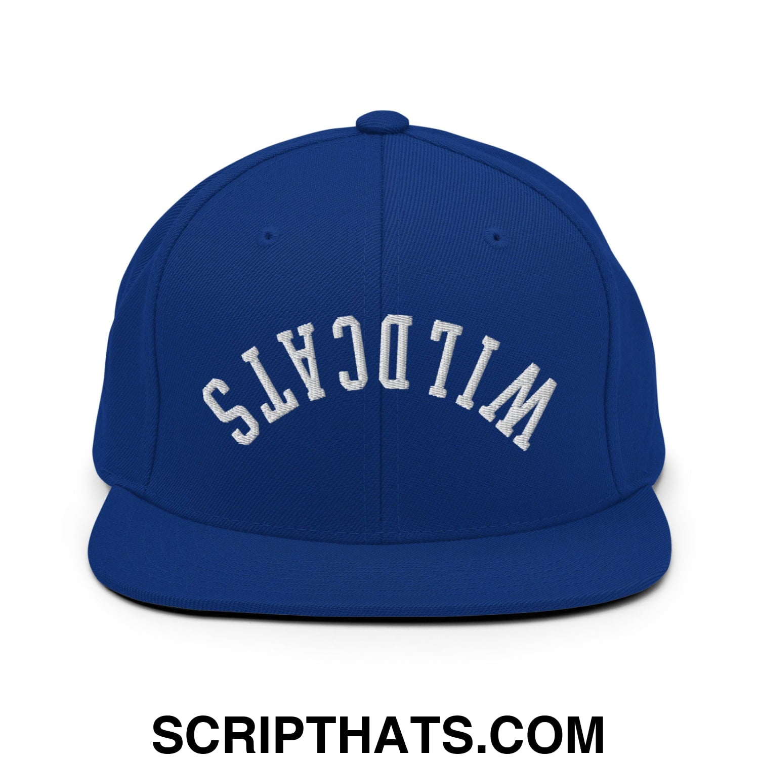 Royal blue snapback hat with white embroidered Wildcats lettering in an arched design and flat bill brim