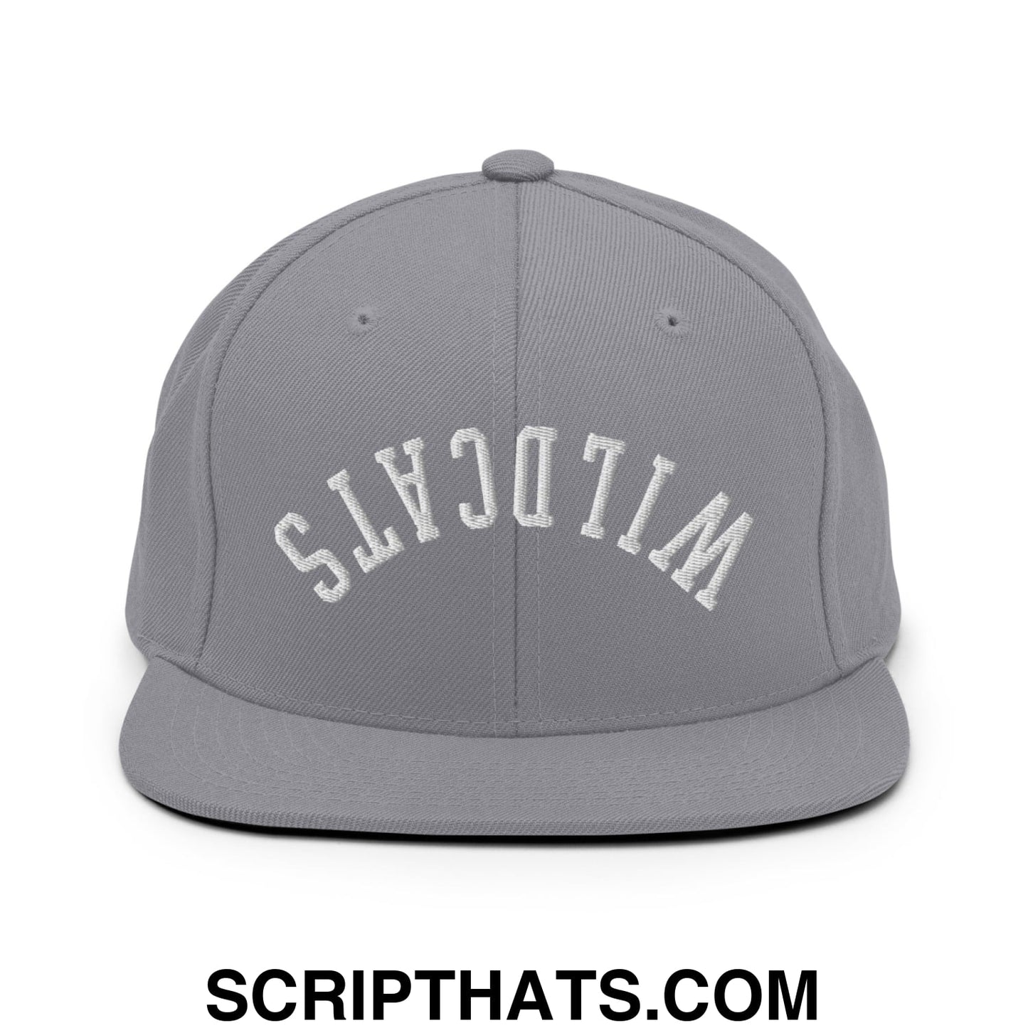 Gray snapback hat with white embroidered wildcats lettering in an arched design and flat bill brim