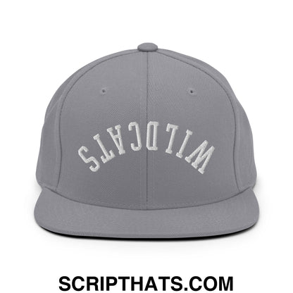 Gray snapback hat with white embroidered wildcats lettering in an arched design and flat bill brim