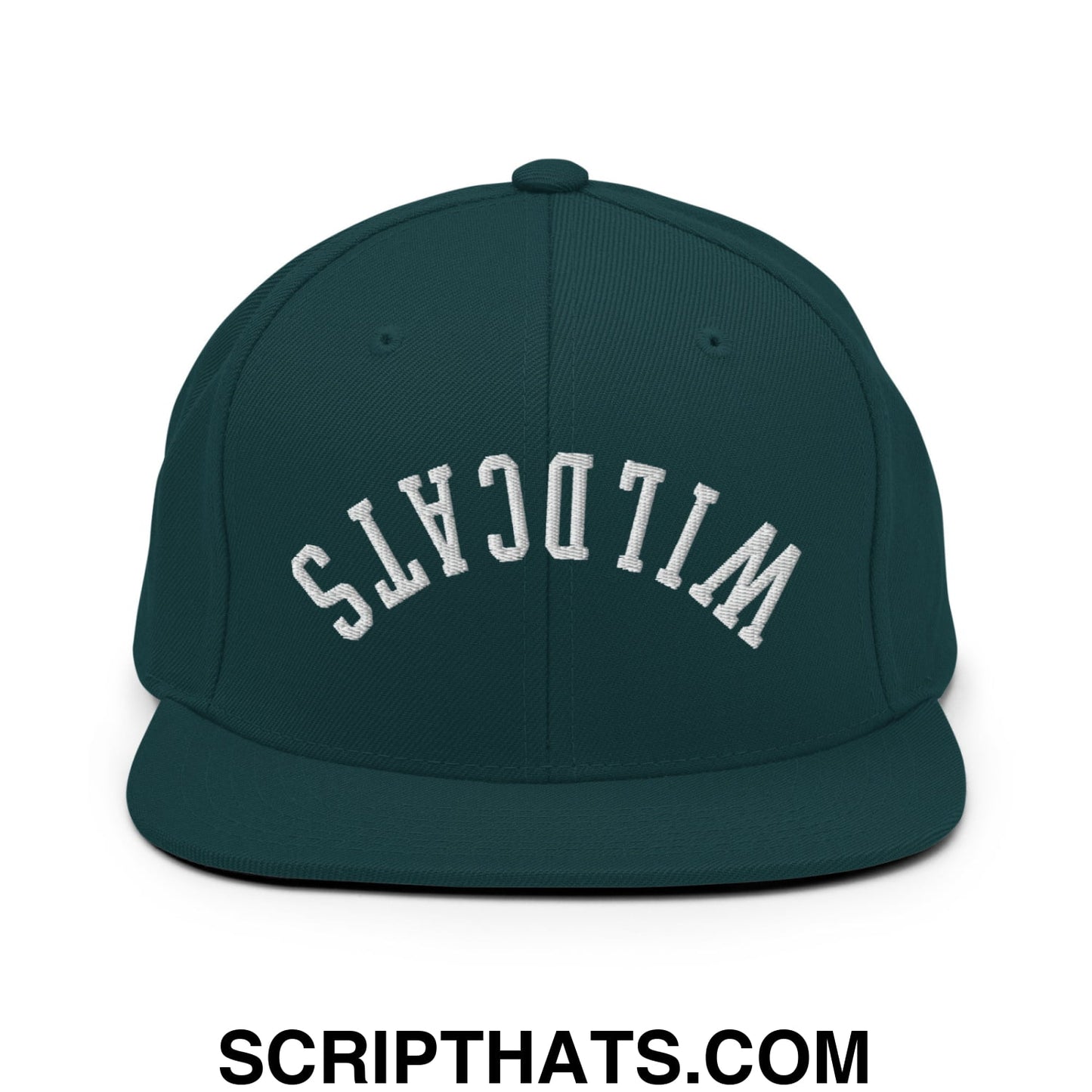 Dark green snapback hat with white embroidered wildcats lettering in an arched design and flat bill brim
