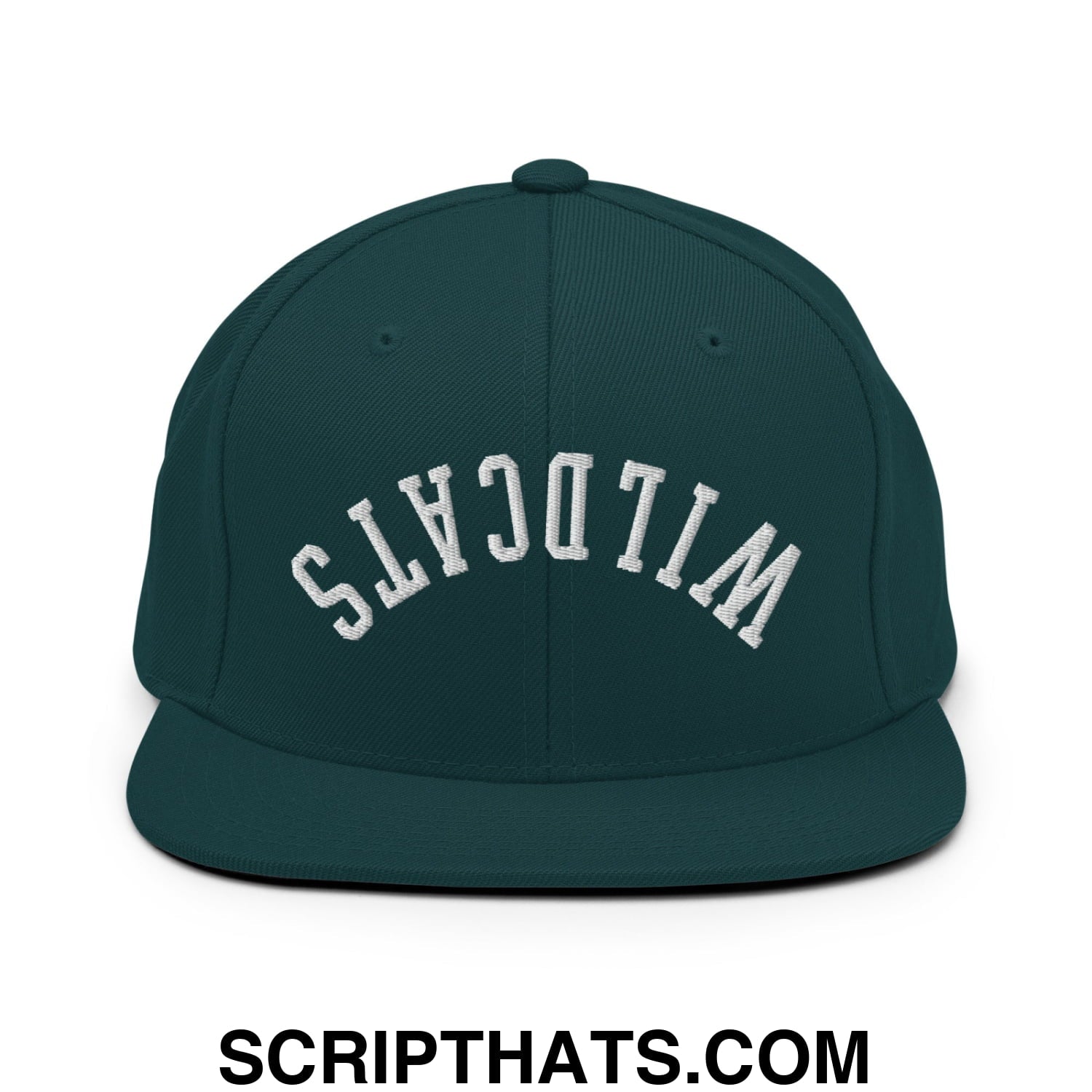Dark green snapback hat with white embroidered wildcats lettering in an arched design and flat bill brim