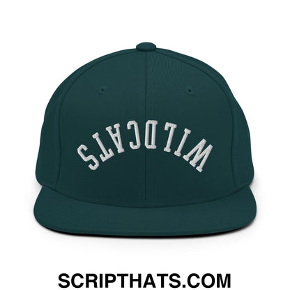 Dark green snapback hat with white embroidered wildcats lettering in an arched design and flat bill brim