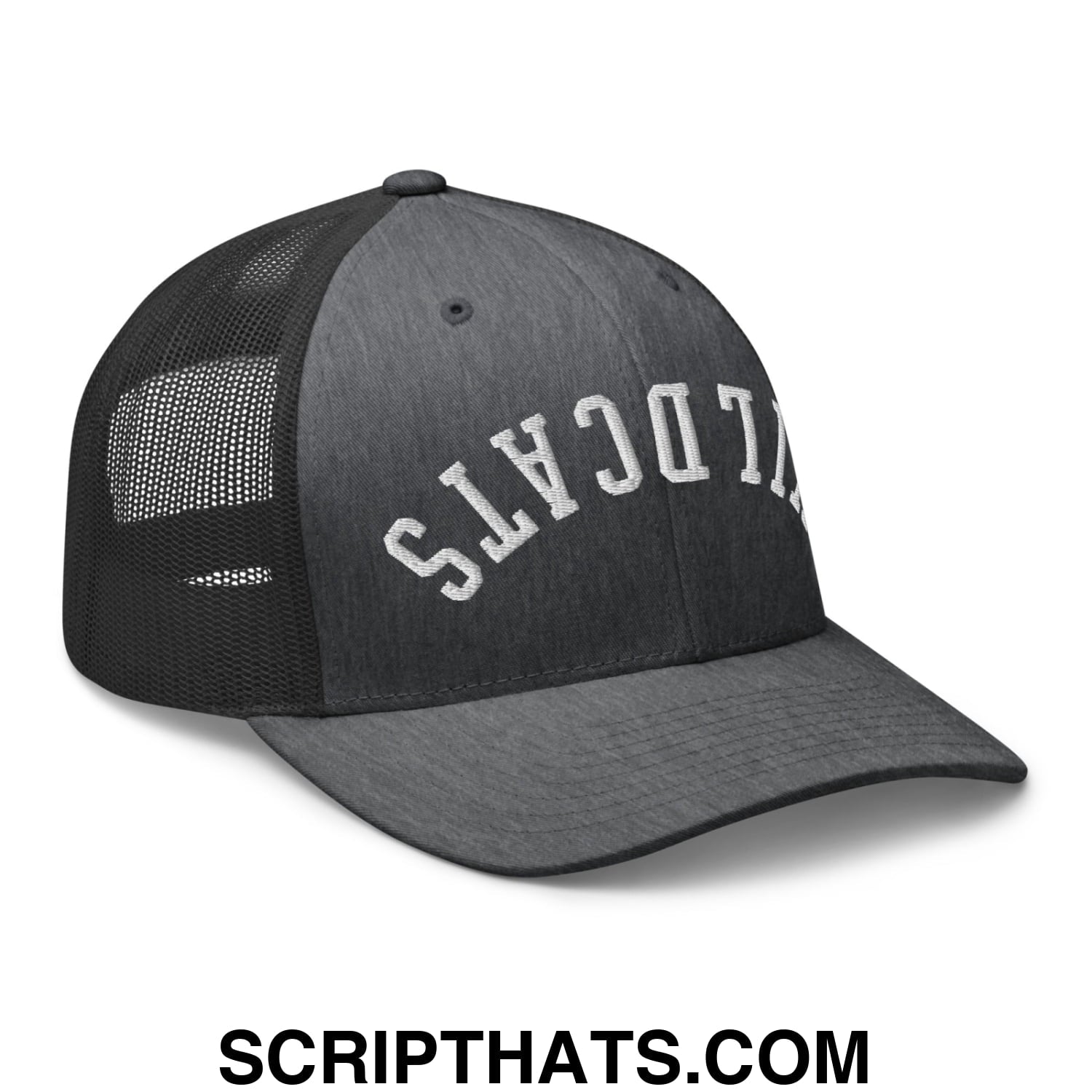 Black trucker hat with white wildcats embroidery and mesh back showing the back side of the upside down wildcats hat