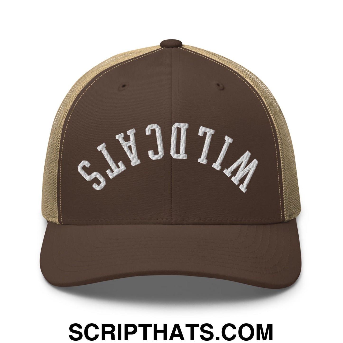 Brown and tan mesh trucker hat with wildcats embroidered in white arched lettering on front panel